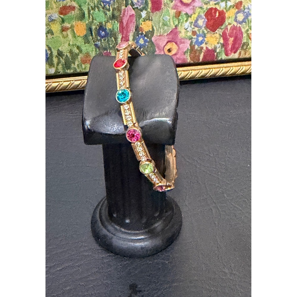 Rainbow Rhinestone Bangle Women Multi Color Gold Tone